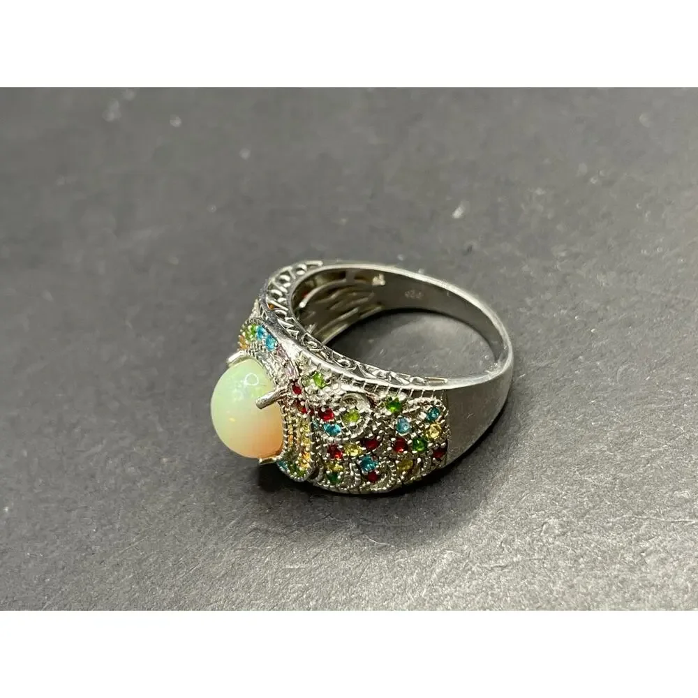 STS 925 Sterling Silver Opal Multi Color Gemstone Statement Ring Size 9.75